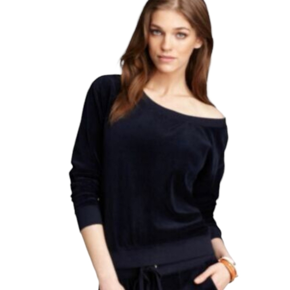 Juicy Couture | Women's Black Velour Off Shoulder Sweatshirt (Size Medium)